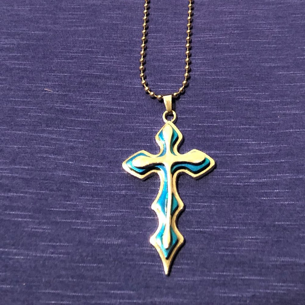 Blue & Silver Titanium Cross Necklace